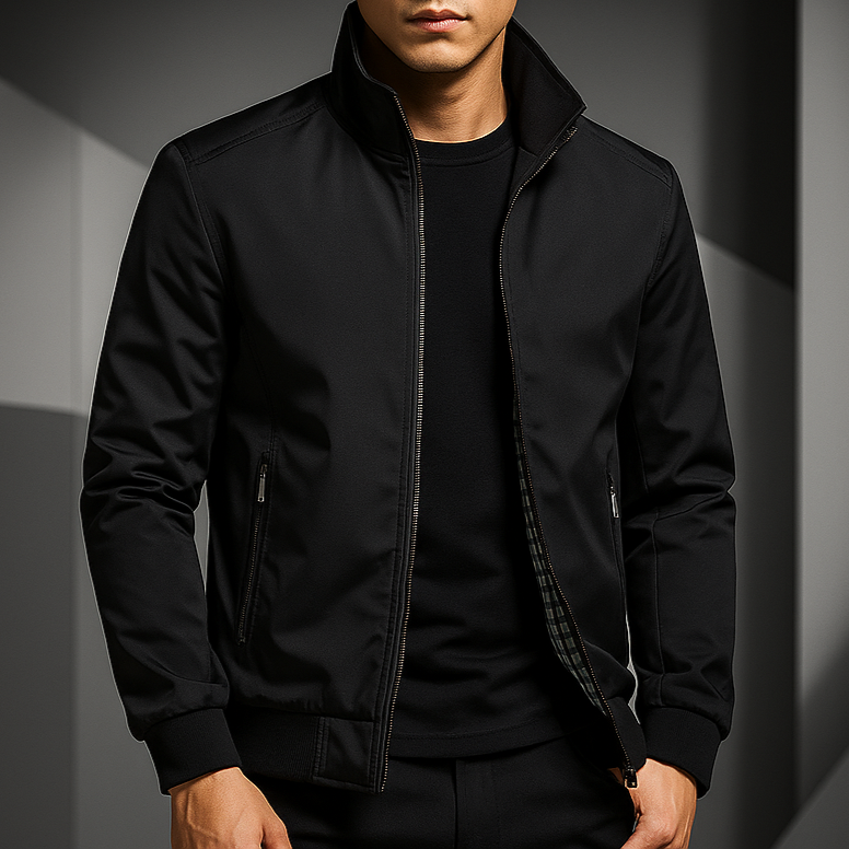 Black weather-resistant bomber jacket with a high collar, zip pockets, and a visible gingham-check interior lining.