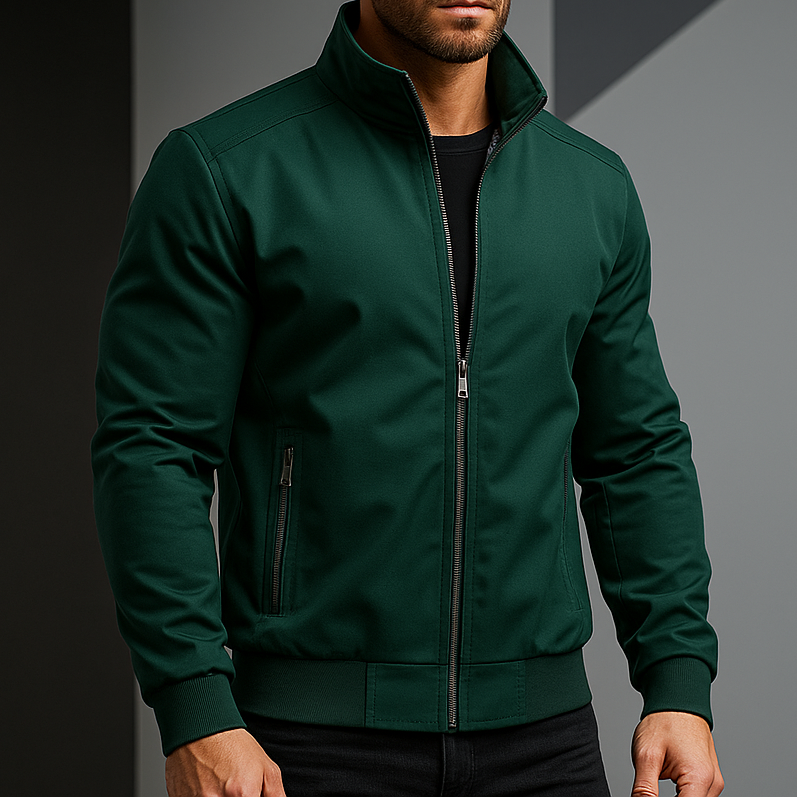 Dark green weather-resistant bomber jacket with a structured fit, zip-up front, and secure zippered side pockets.