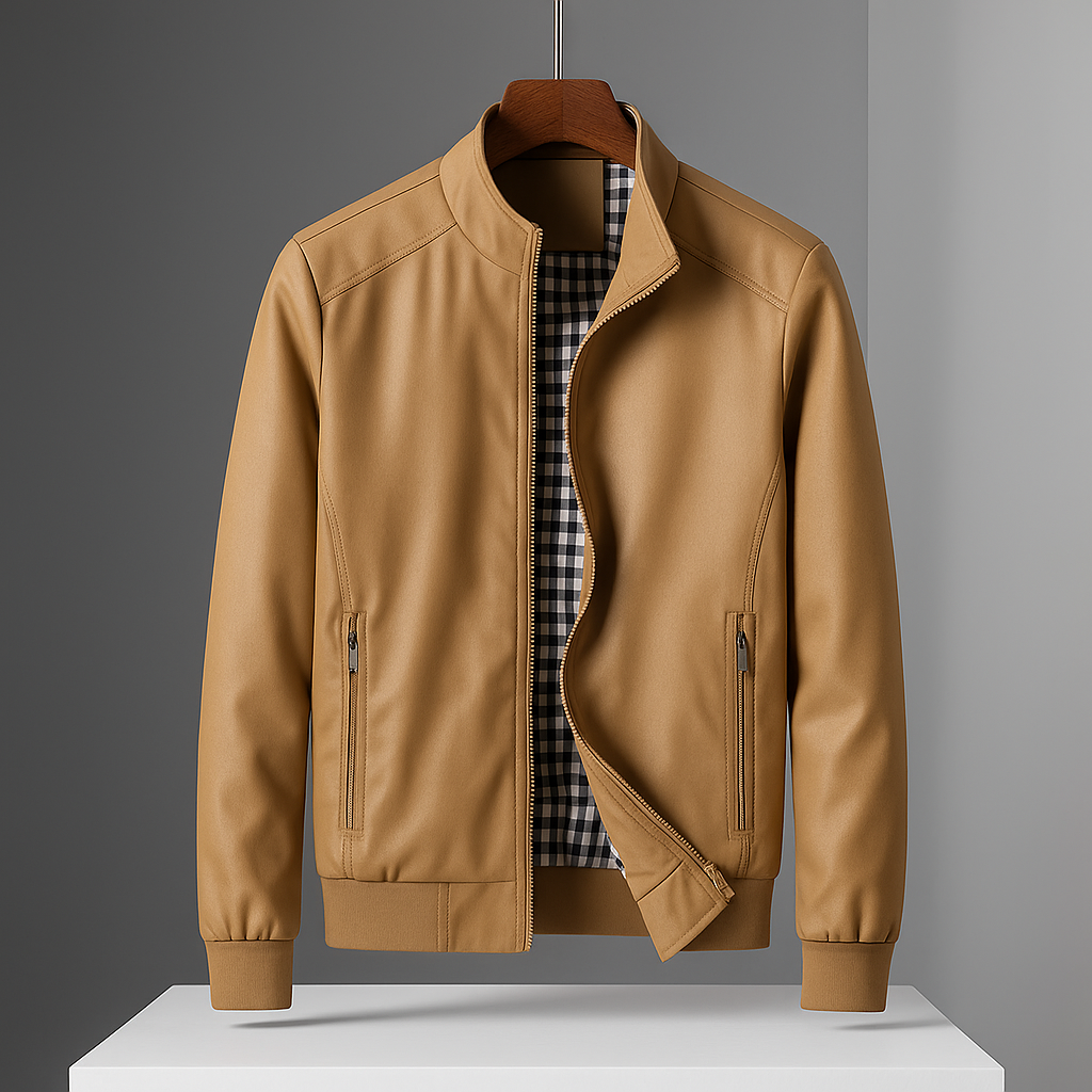 Tan weather-resistant bomber jacket with a stand collar, zippered pockets, and a black-and-white gingham-check lining.