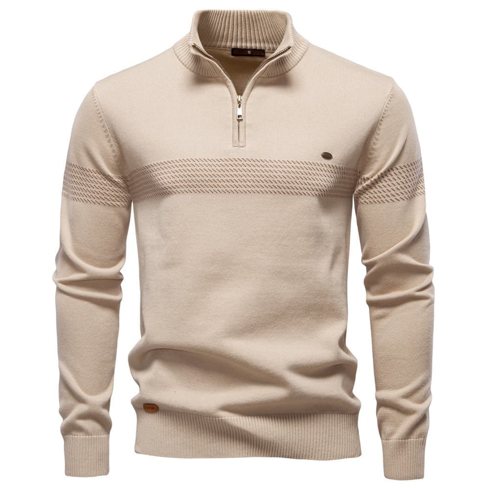 Beige quarter-zip knit sweater featuring a textured horizontal chest stripe, stand collar, and ribbed cuffs on a white background.