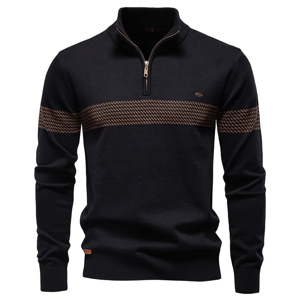 Navy quarter-zip knit sweater with a textured horizontal chest stripe, stand collar, and ribbed cuffs displayed on a white background.