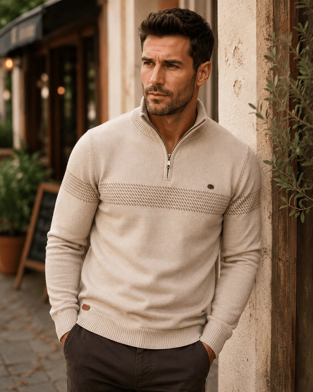 Beige quarter-zip knit sweater with a textured chest stripe, stand collar, and ribbed cuffs, worn with dark trousers in an outdoor setting.