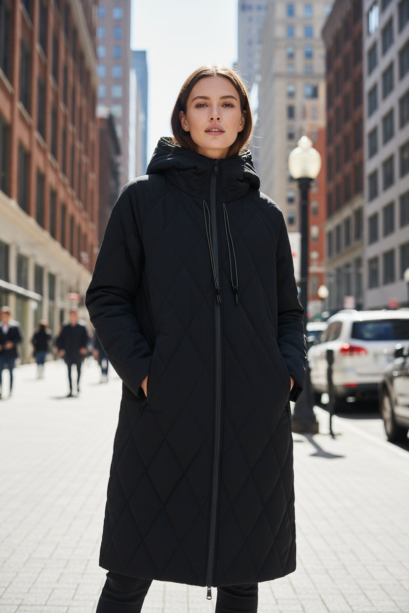 Black Diamond-Quilted Longline Coat worn by a female model on a city street, highlighting the drawstring hood, quilted construction, two-way zip front, and longline silhouette.
