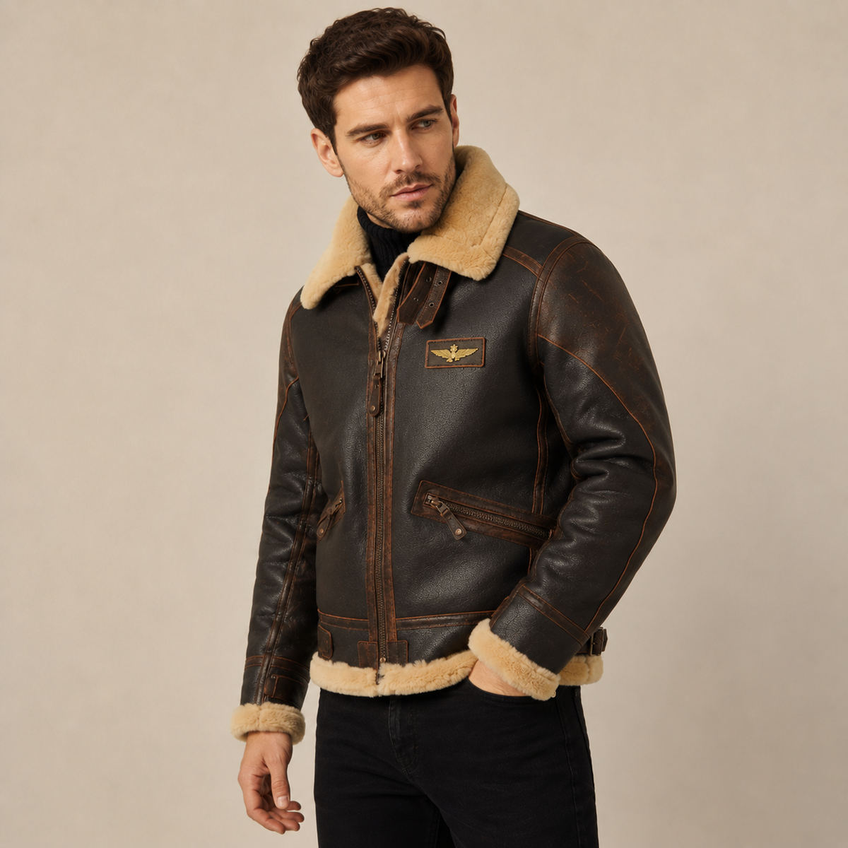 Distressed brown leather aviator jacket with a cream shearling collar, gold chest patch, and zip-front closure.