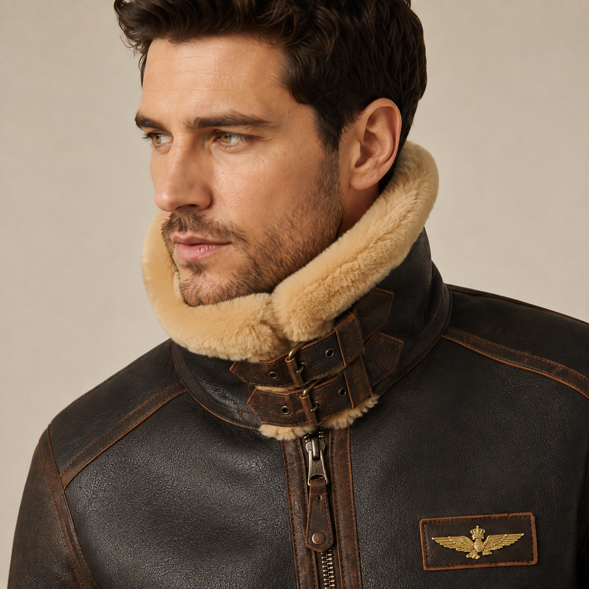 Distressed brown leather aviator jacket with a plush shearling collar, buckled throat latch, and gold-toned chest patch.