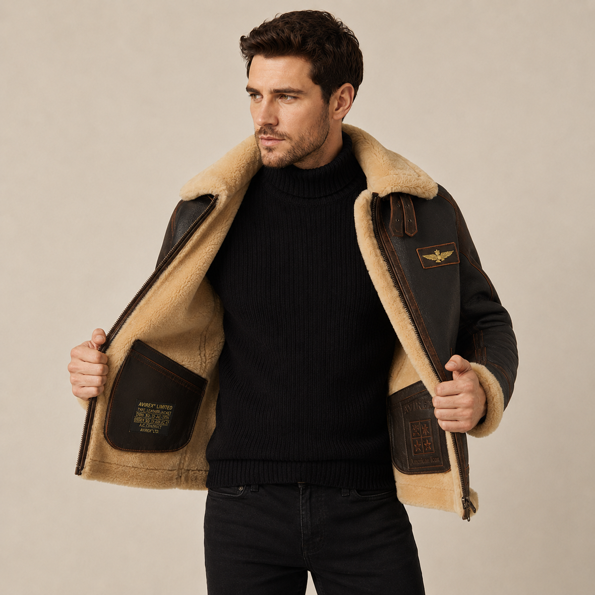 Distressed brown leather aviator jacket with a plush shearling lapel, gold chest patch, and zip-front closure.