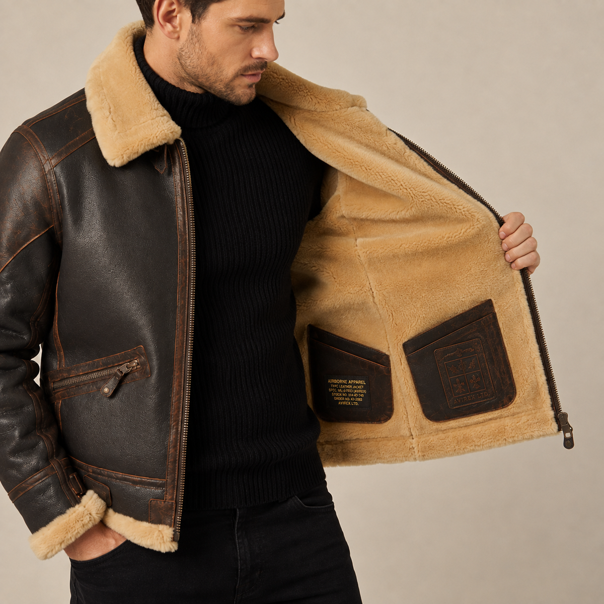 Distressed brown leather aviator jacket with a shearling lapel, plush interior lining, and gold-toned chest patch details.
