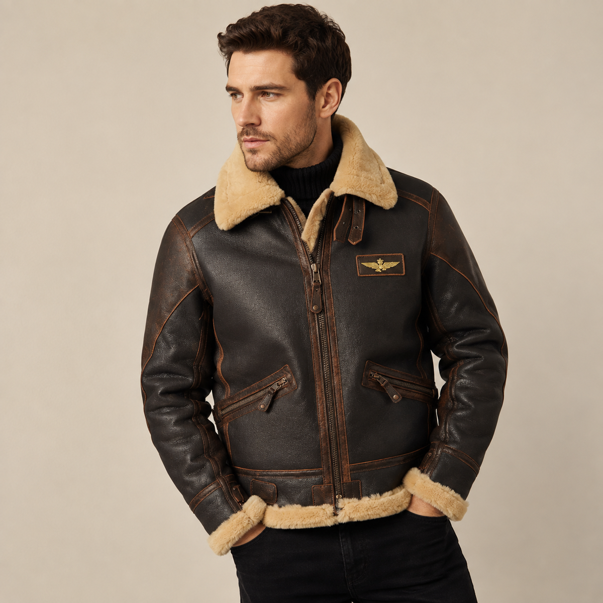 Distressed brown leather aviator jacket with a shearling lapel, gold chest patch, and zip-front closure.