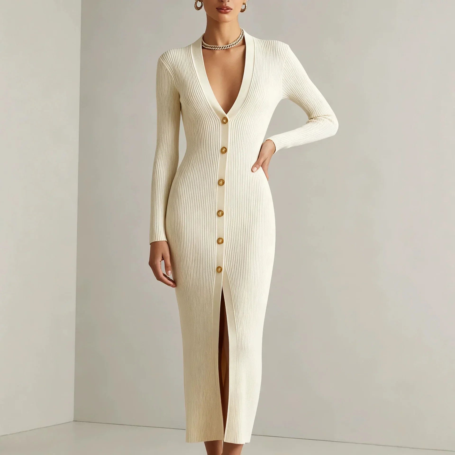 Donatella Ribbed Knit Midi Dress – V-Neck Button-Front Fitted Style