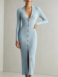 Donatella Ribbed Knit Midi Dress – V-Neck Button-Front Fitted Style