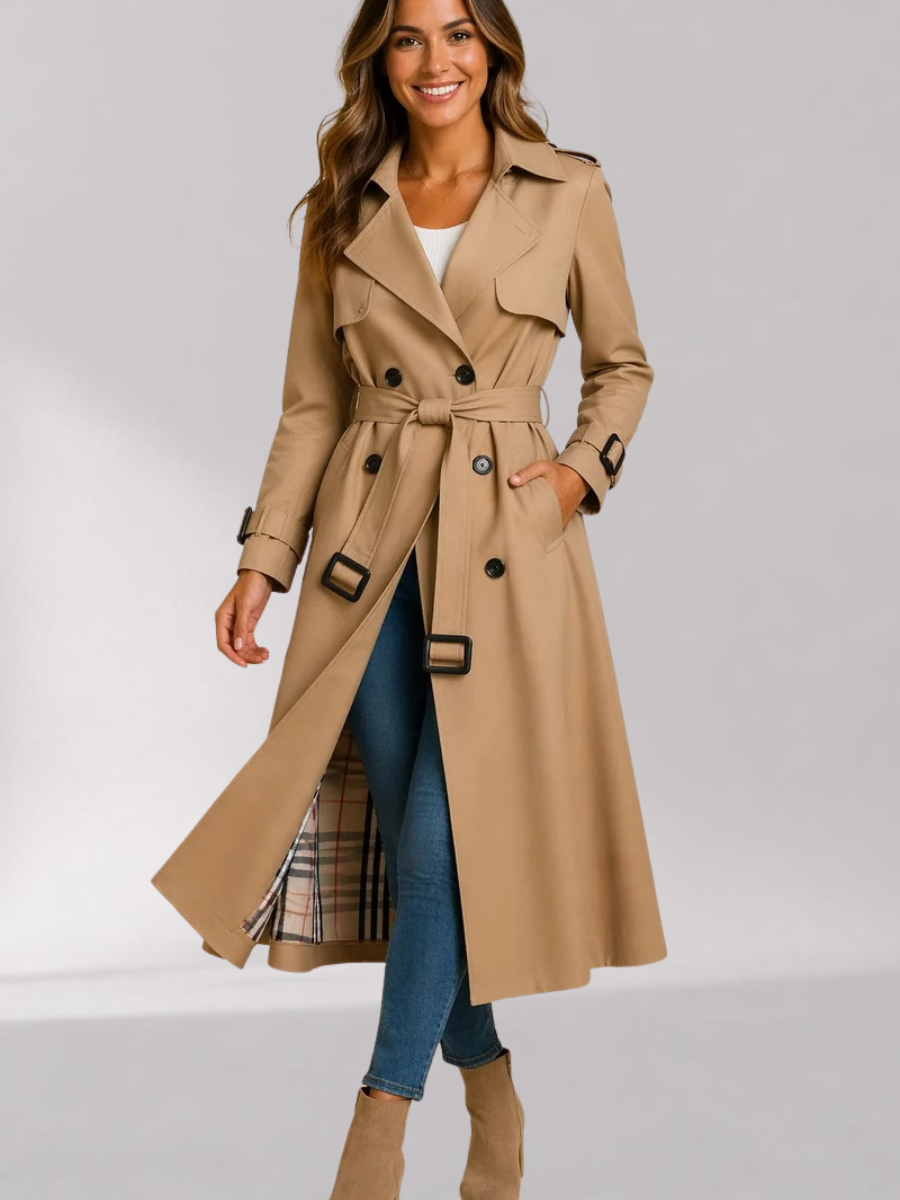 Beige Double-Breasted Belted Longline Trench Coat worn by a female model, featuring a storm flap, epaulets, strap cuffs, and belted waist.