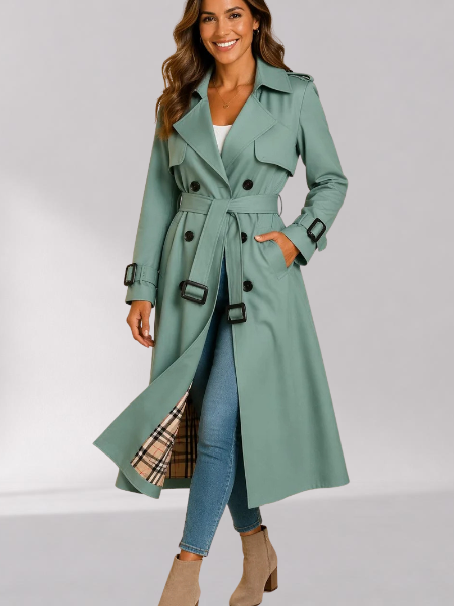 Green Double-Breasted Belted Longline Trench Coat worn by a female model, featuring a storm flap, epaulets, strap cuffs, and belted waist.