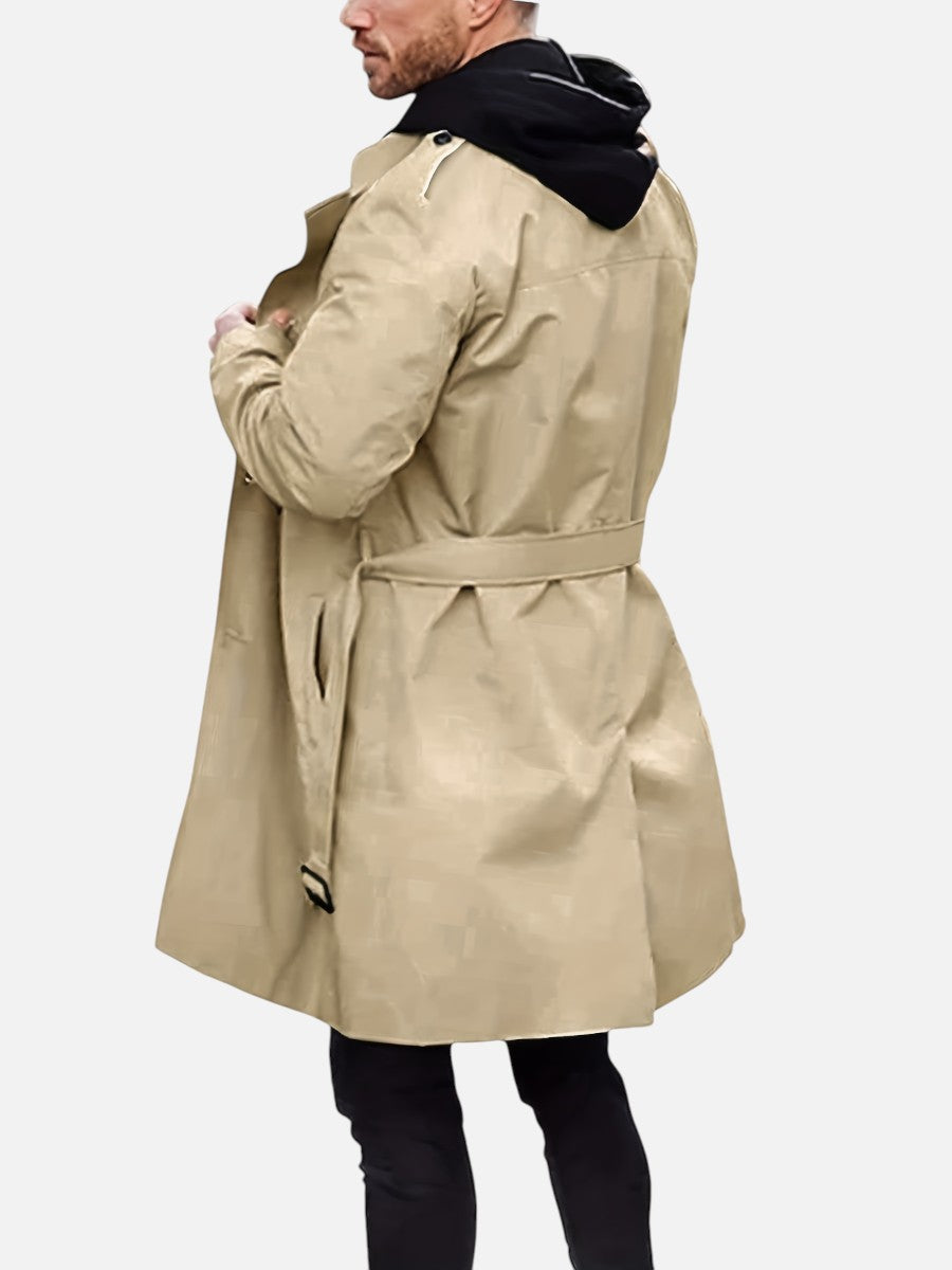 Beige Double-Breasted Lined Trench Coat worn from a rear three-quarter view, featuring a hooded layer, buckle back belt, and longline fit.