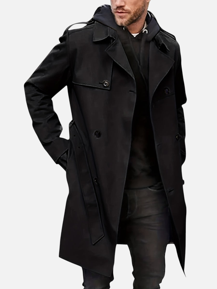 Black Double-Breasted Lined Trench Coat worn by a male model, featuring notch lapels, double-breasted button front, side pockets, and a tailored silhouette.