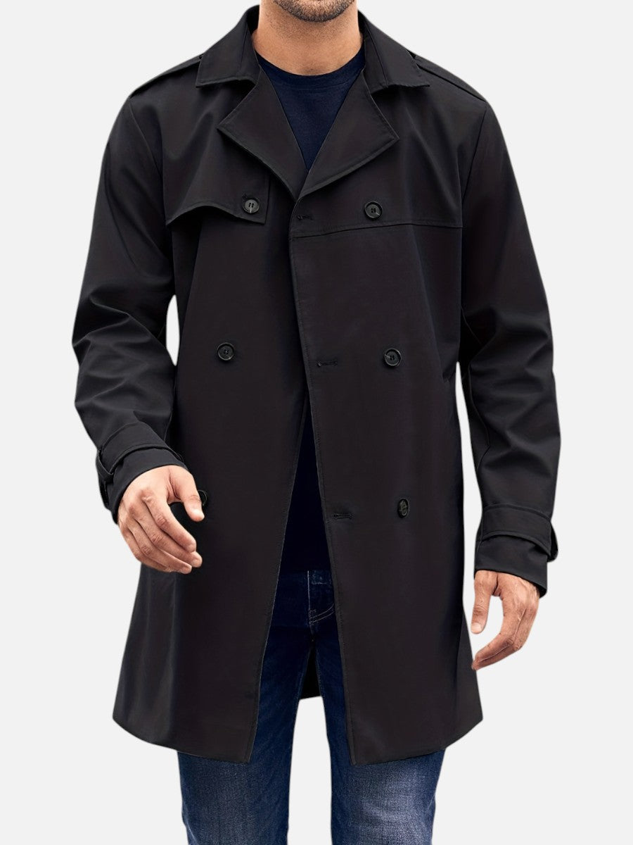 Black Double-Breasted Lined Trench Coat shown from the front, featuring notch lapels, double-breasted button closure, side pockets, and a buckle back belt.