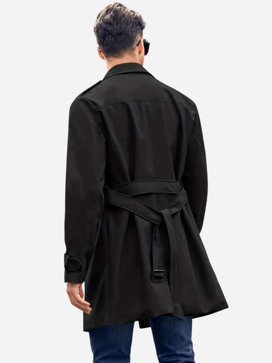 Black Double-Breasted Lined Trench Coat shown from the rear, featuring a buckle back belt, structured shoulders, and tailored longline fit.