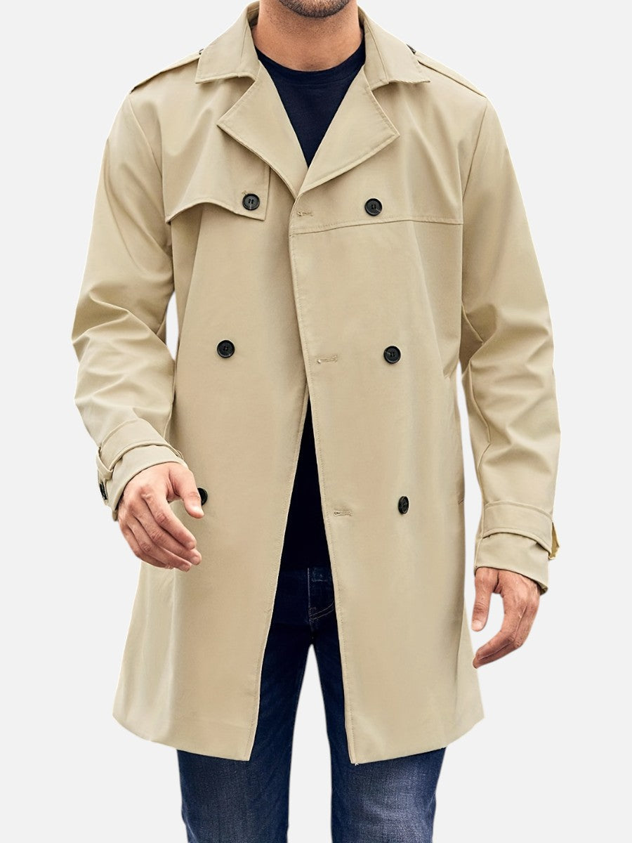 Beige Double-Breasted Lined Trench Coat worn by a male model, featuring notch lapels, double-breasted button front, side pockets, and a buckle back belt.