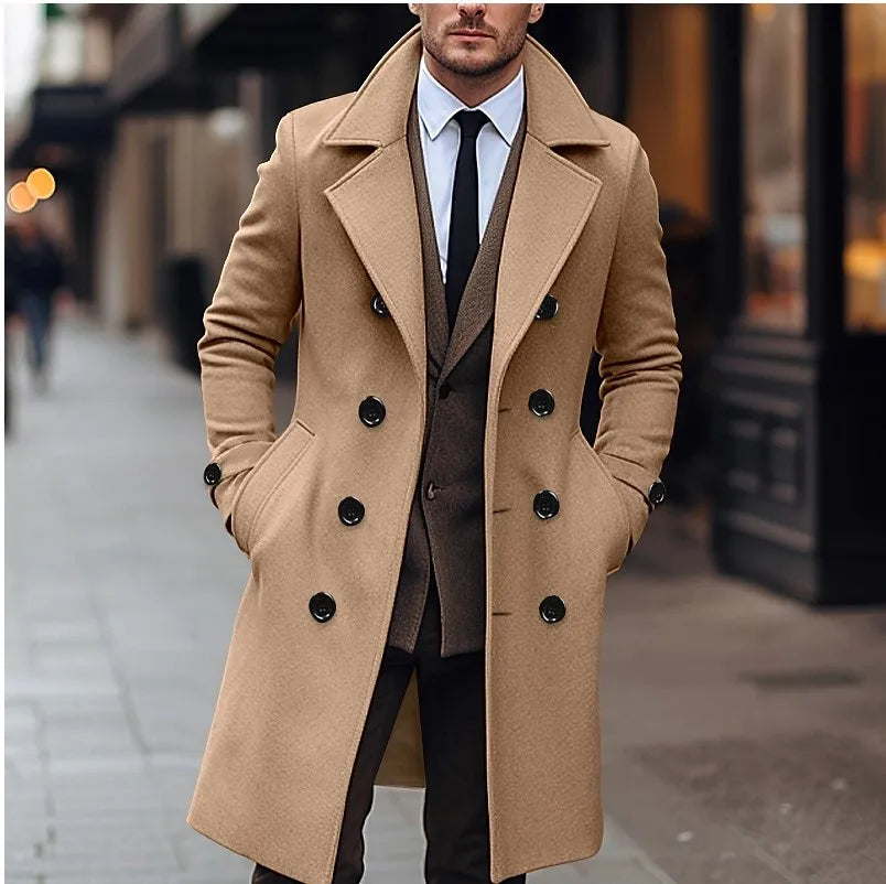 Camel Double-Breasted Midi Trench Coat worn by a male model outdoors, featuring wide notch lapels, double-breasted button front, side pockets, and a tailored fit.