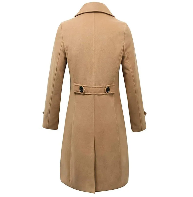 Back view of a camel Double-Breasted Midi Trench Coat, highlighting the tailored longline silhouette, back seam, and rear belt detail.