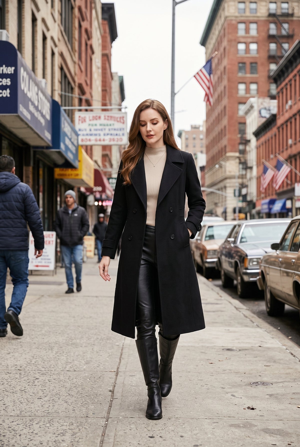 Black Double-Breasted Midi Trench Coat worn by a female model on a city street, featuring wide notch lapels, double-breasted front, and half-belt back.