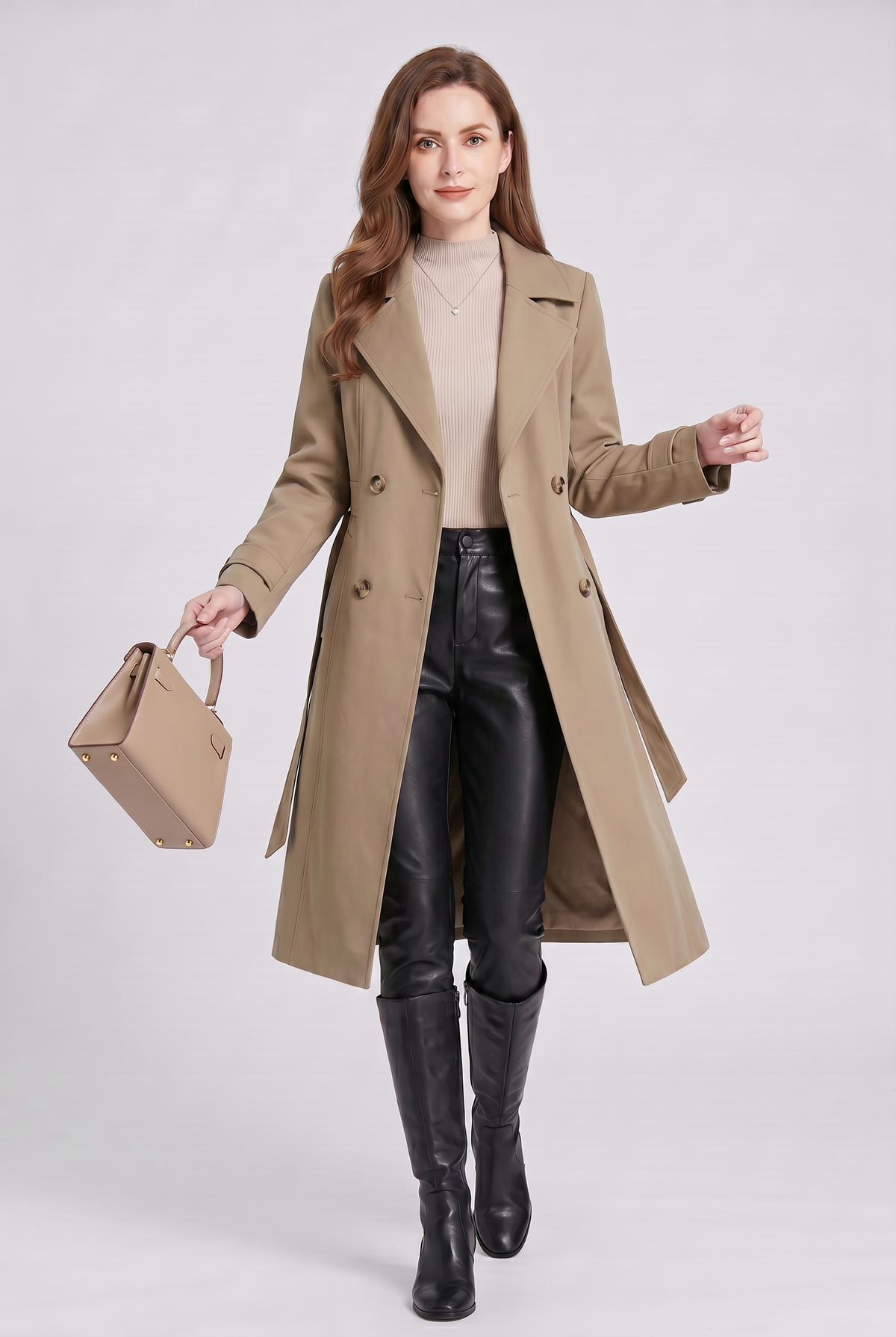 Beige Double-Breasted Midi Trench Coat worn by a female model, featuring wide notch lapels, double-breasted button front, long sleeves, and half-belt back.