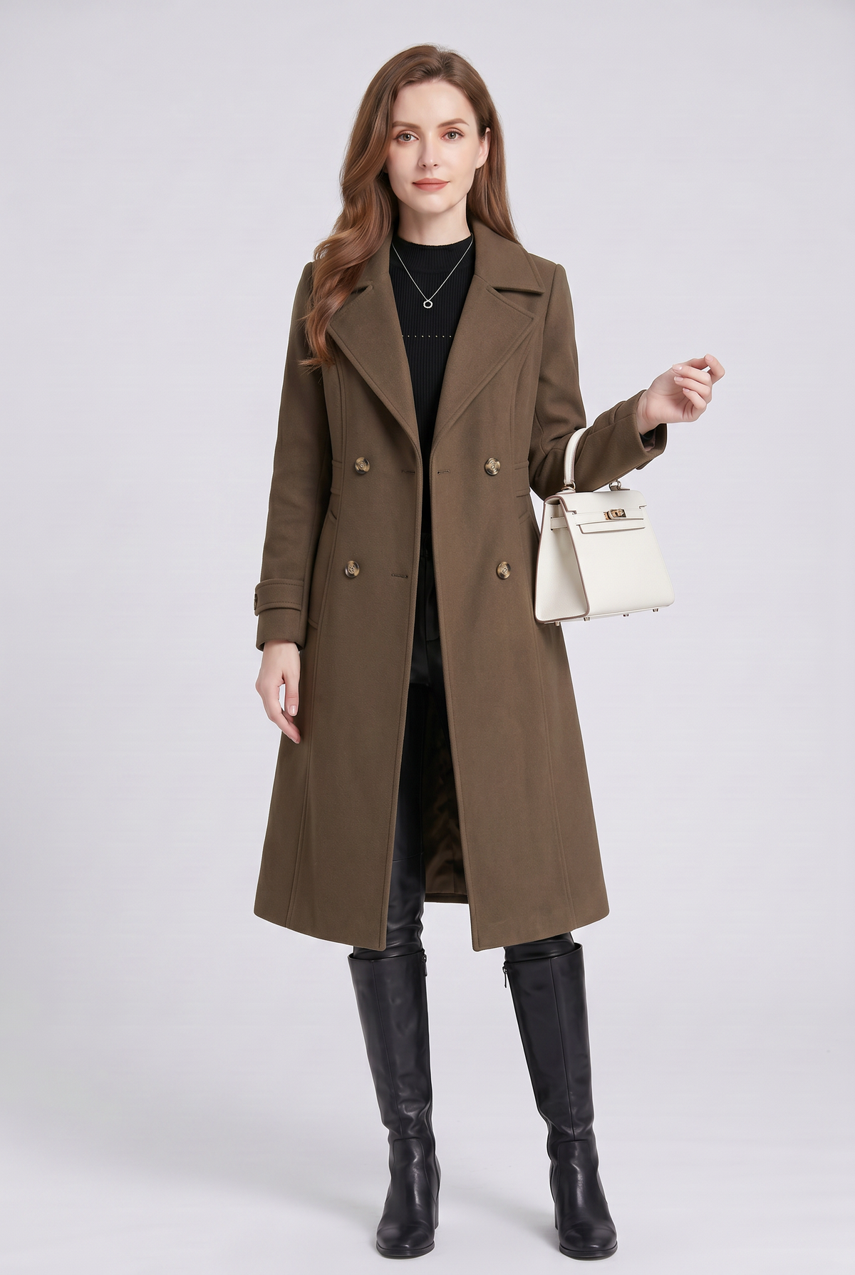 Brown Double-Breasted Midi Trench Coat worn by a female model, featuring wide notch lapels, double-breasted button front, long sleeves, and half-belt back.