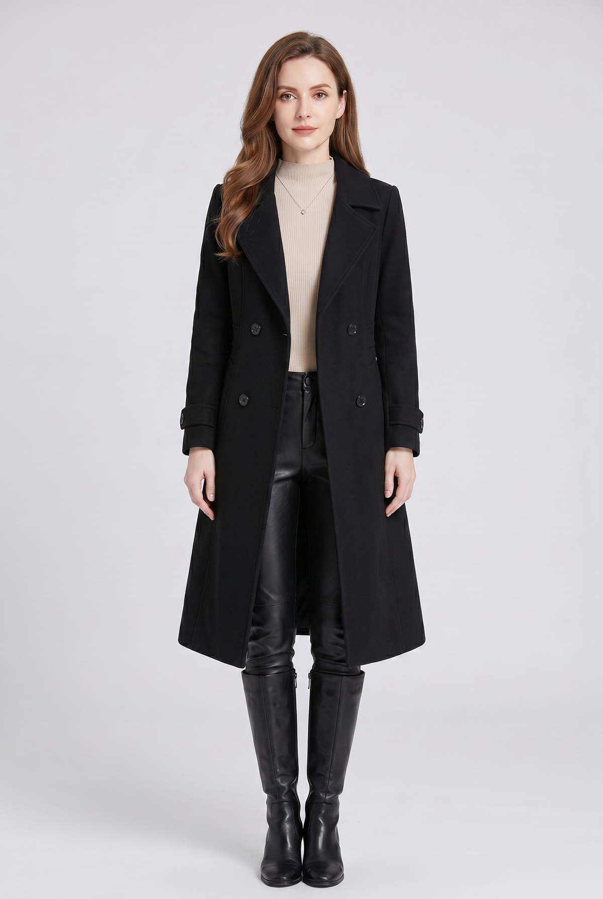 Black Double-Breasted Midi Trench Coat worn by a female model, featuring wide notch lapels, double-breasted button front, long sleeves, and a half-belt back.