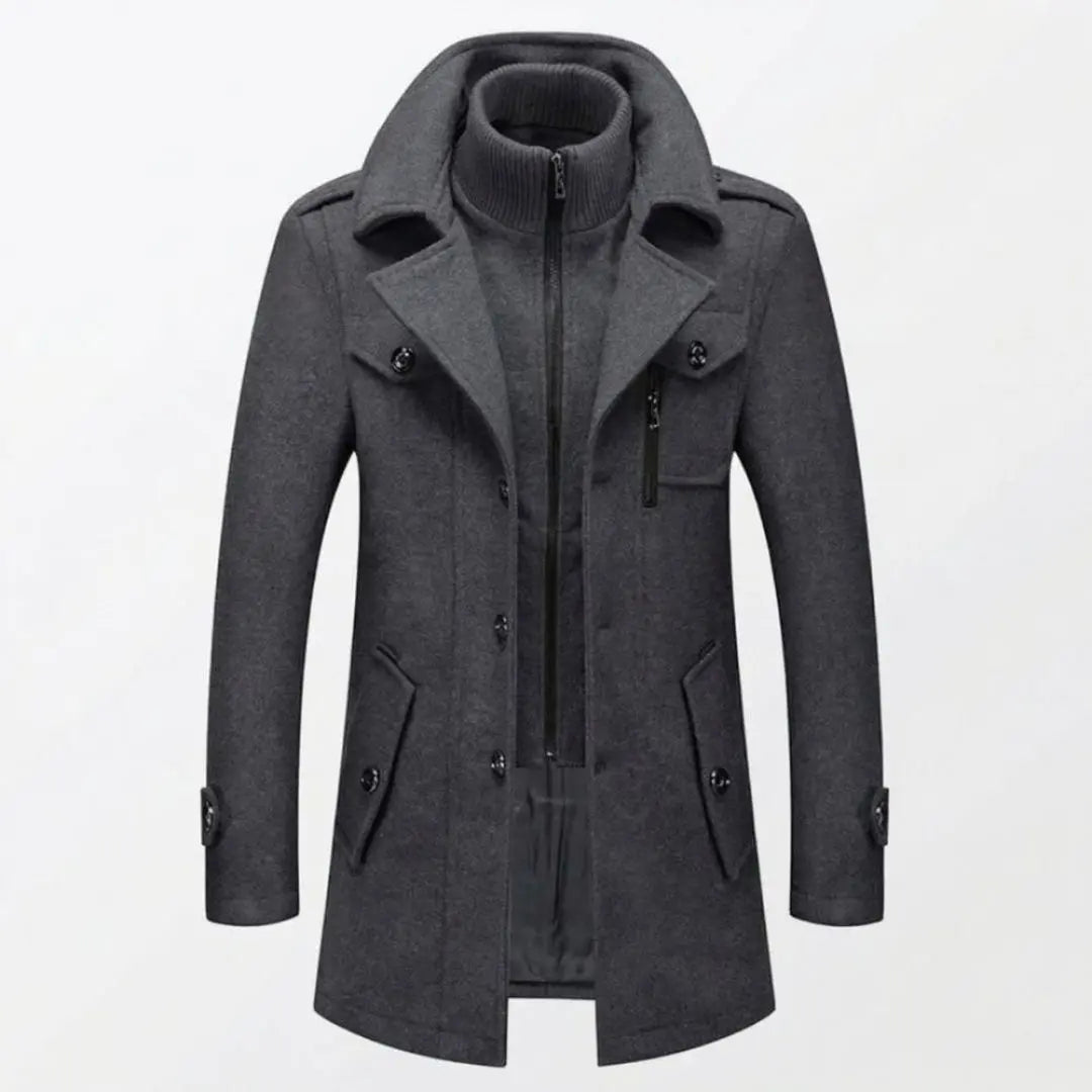 Gray Double-Collar Tailored Overcoat shown from the front, featuring a built-in zip layer, structured collar, single-breasted front, and tailored silhouette.