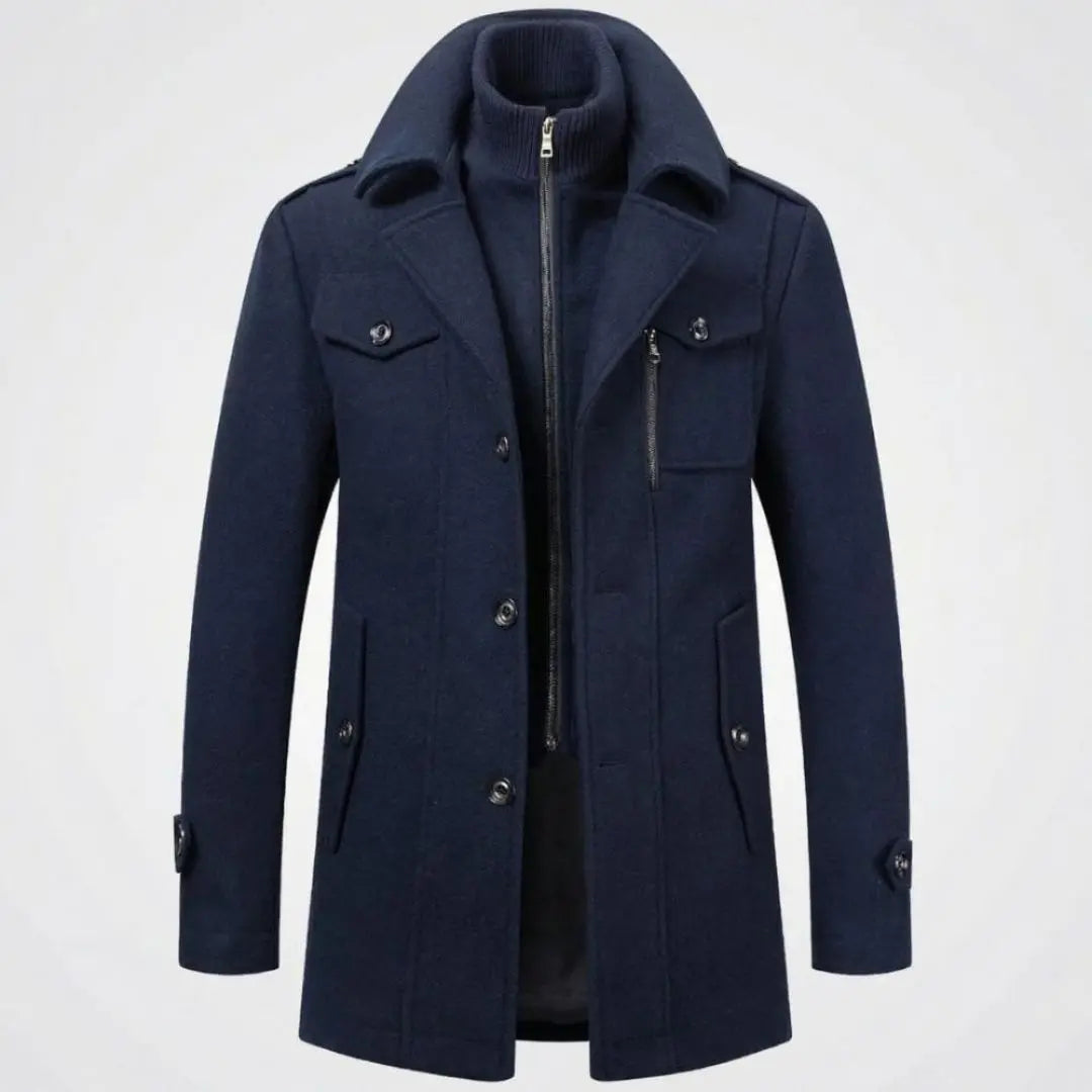 Navy Double-Collar Tailored Overcoat shown from the front, featuring a built-in zip layer, structured collar, single-breasted front, and tailored silhouette.