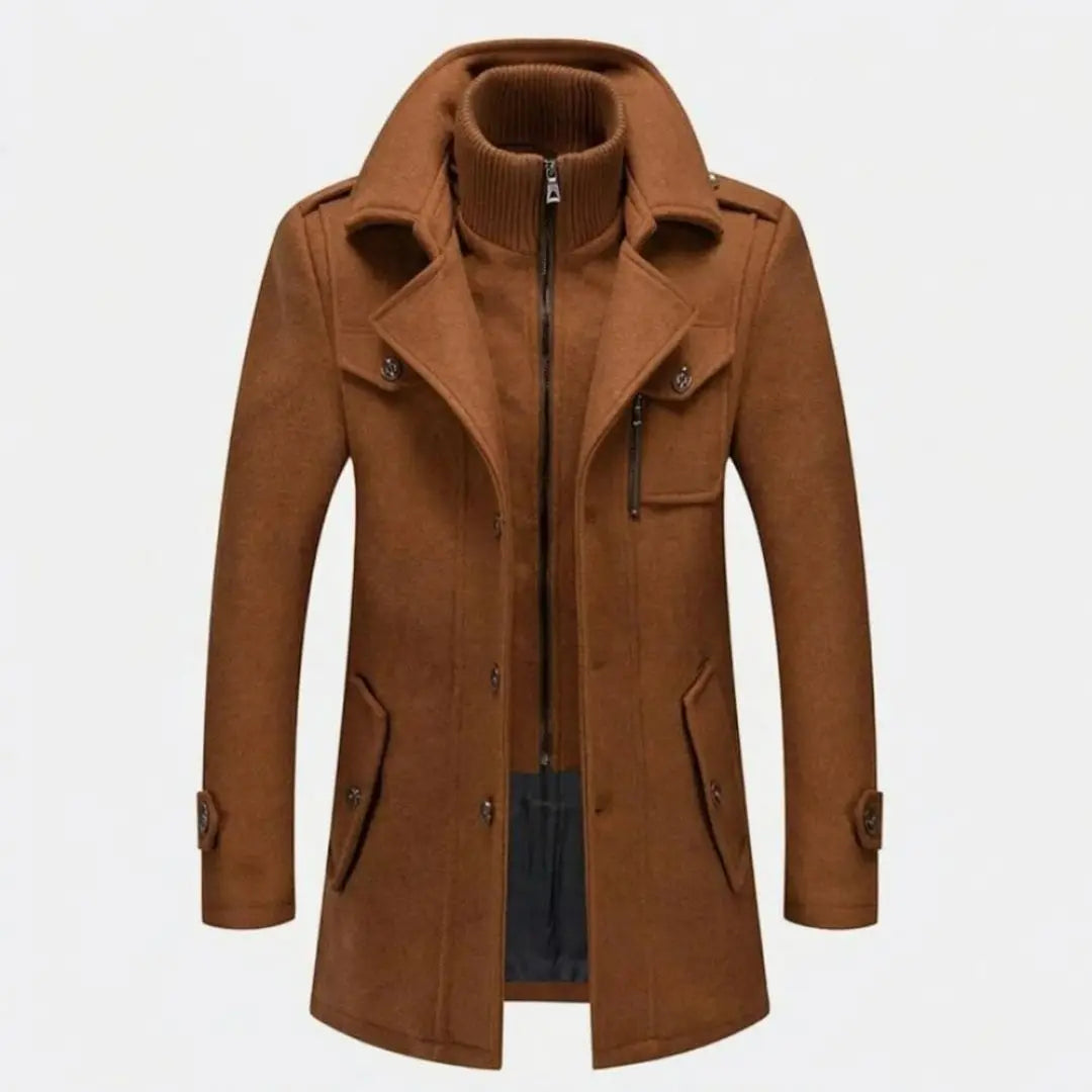 Brown Double-Collar Tailored Overcoat shown from the front, featuring a built-in zip layer, structured collar, single-breasted front, and tailored silhouette.
