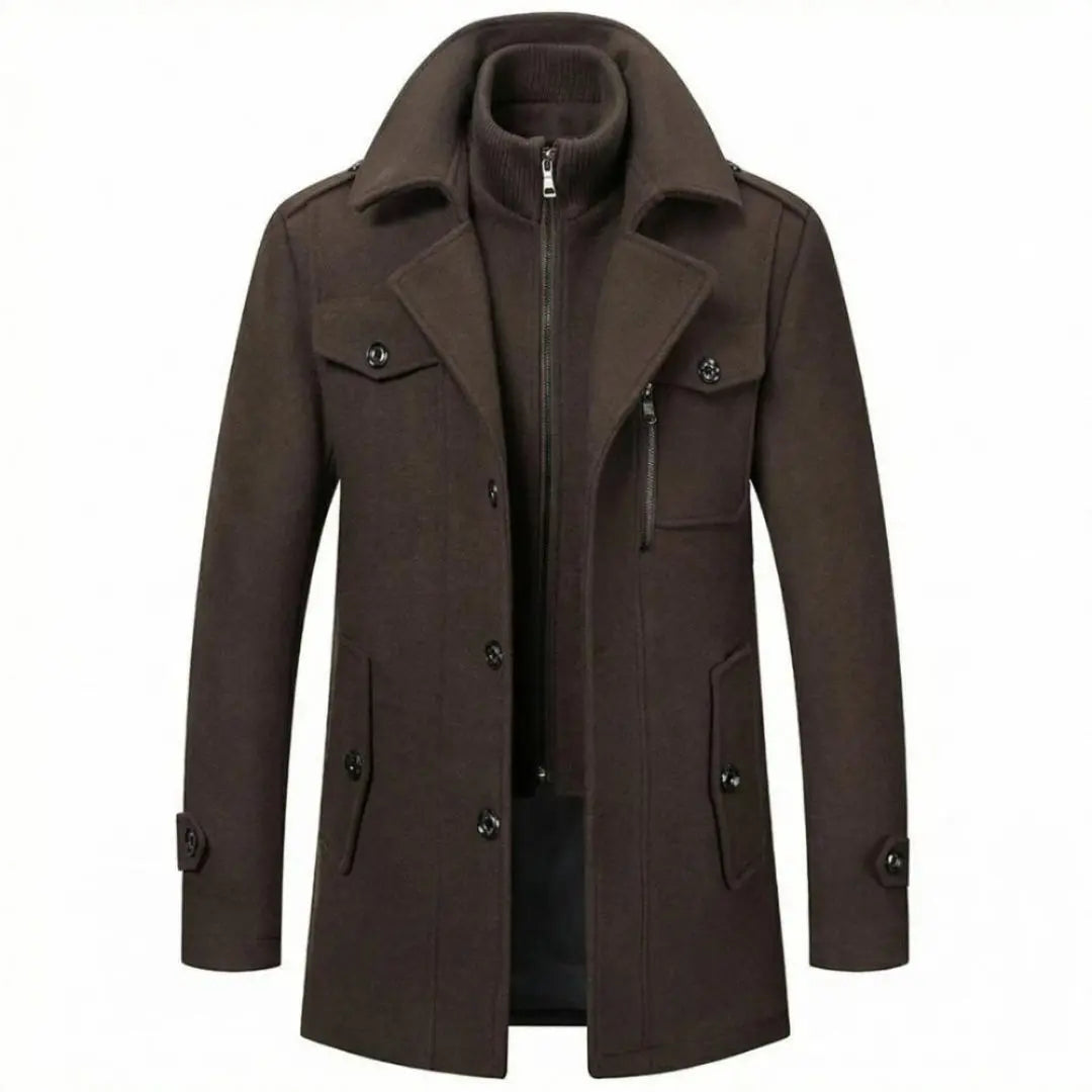 Dark brown Double-Collar Tailored Overcoat shown from the front, featuring a built-in zip layer, structured collar, single-breasted front, and tailored silhouette.
