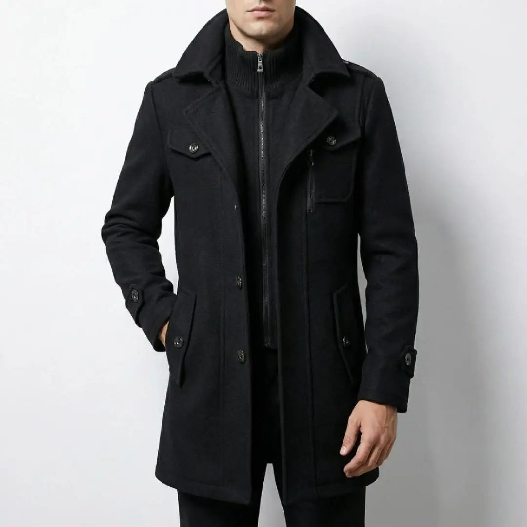 Black Double-Collar Tailored Overcoat worn by a male model, featuring a built-in zip layer, structured collar, single-breasted front, and side pockets.