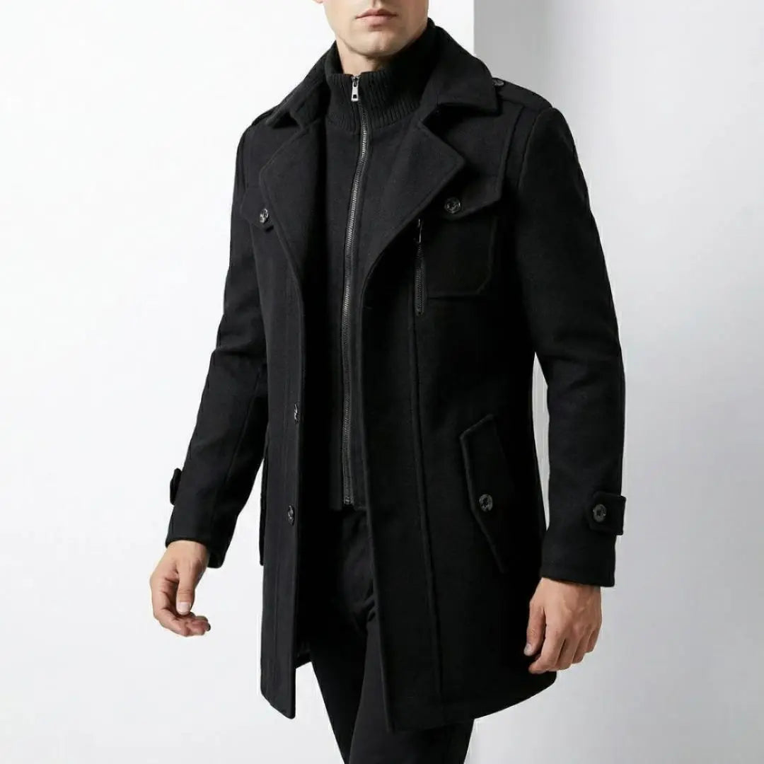 Black Double-Collar Tailored Overcoat worn by a male model, highlighting the built-in zip layer, structured collar, single-breasted front, and tailored fit.