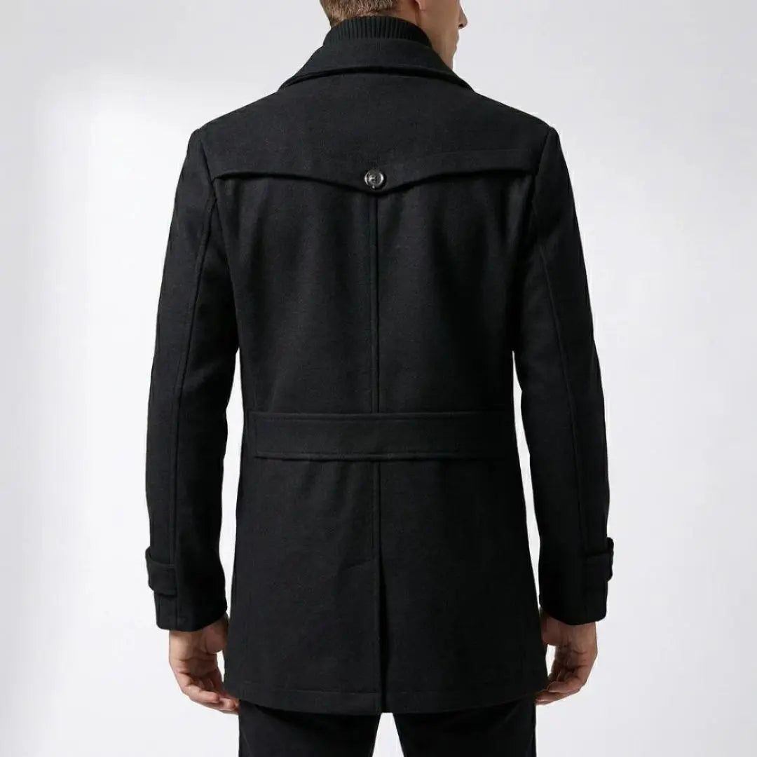 Back view of the black Double-Collar Tailored Overcoat, showing the structured back, tailored waist, and longline silhouette.