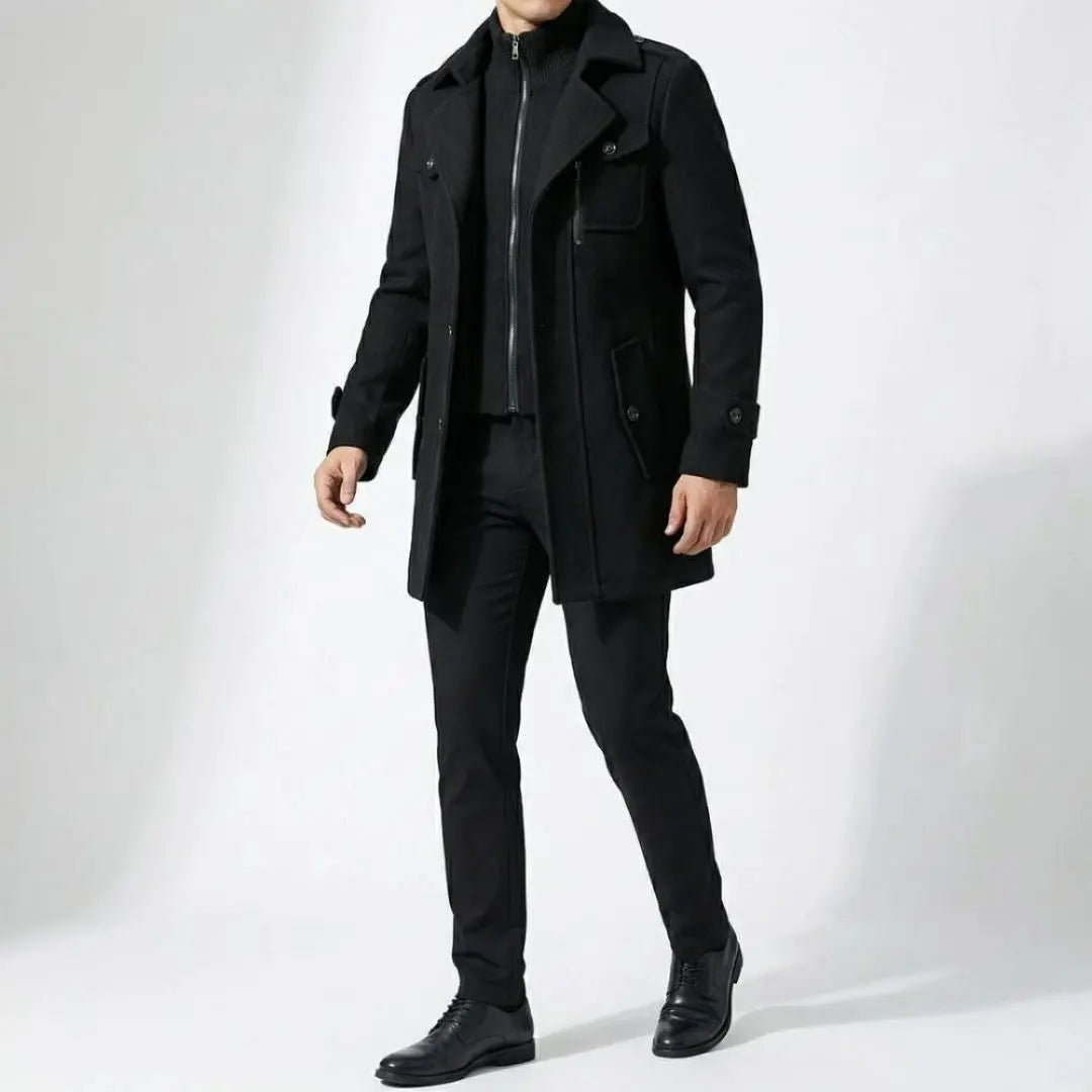 Black Double-Collar Tailored Overcoat worn by a male model, showcasing the built-in zip layer, structured collar, single-breasted front, and tailored silhouette.