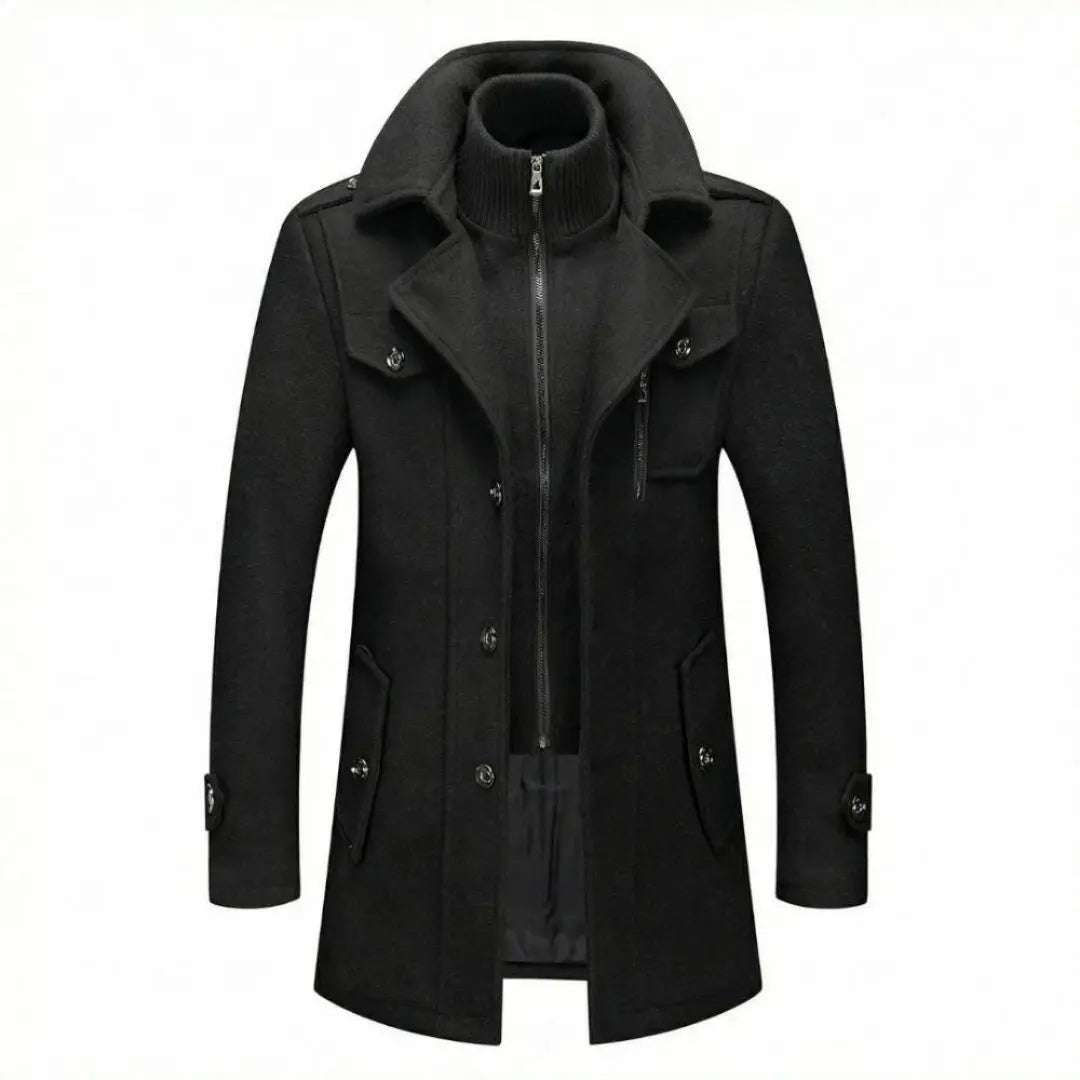 Black Double-Collar Tailored Overcoat featuring a built-in zip layer, wide collar, single-breasted front, zippered side pockets, and tailored fit.