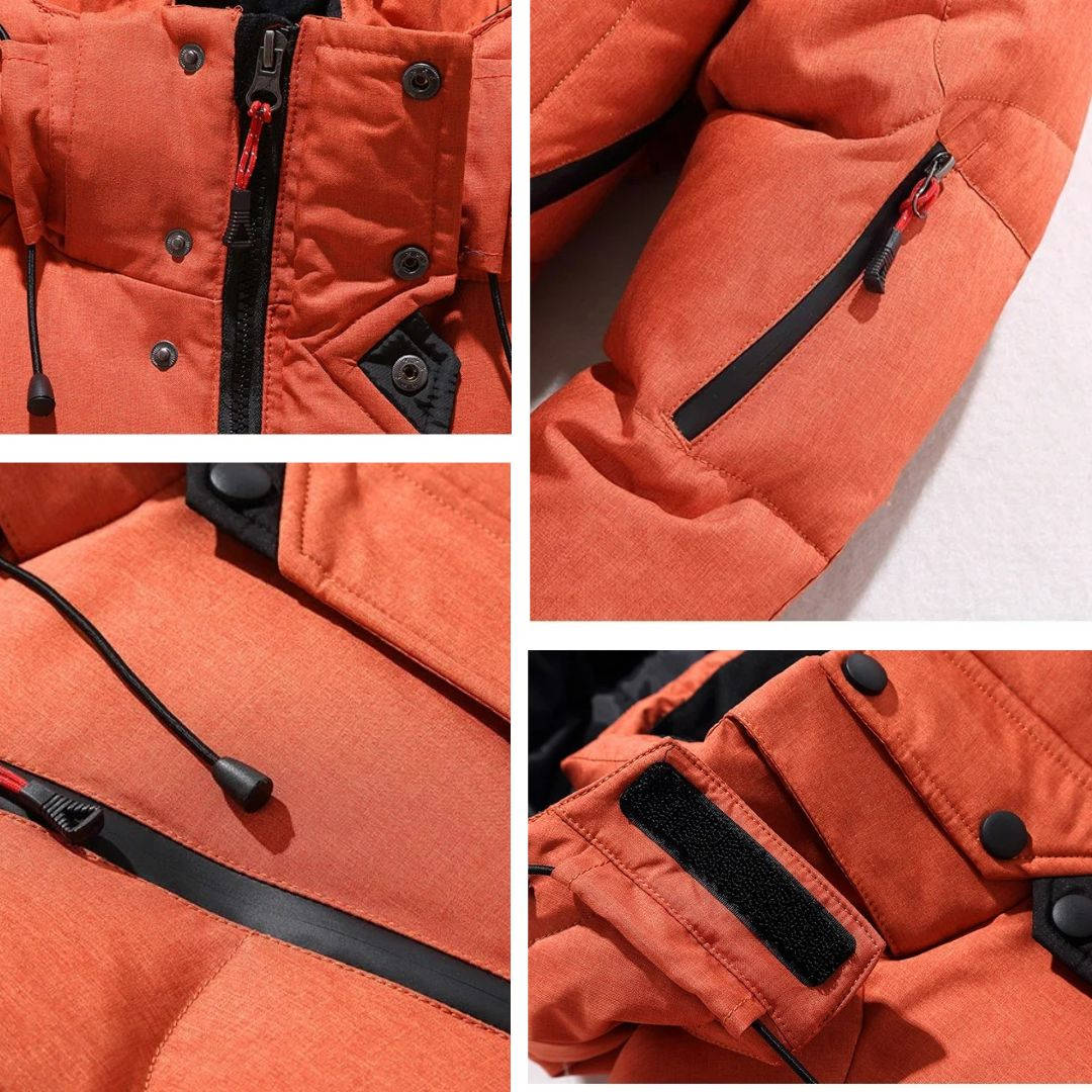 Rust orange duck down parka featuring a water-resistant nylon shell, zippered pockets, and adjustable storm cuffs.