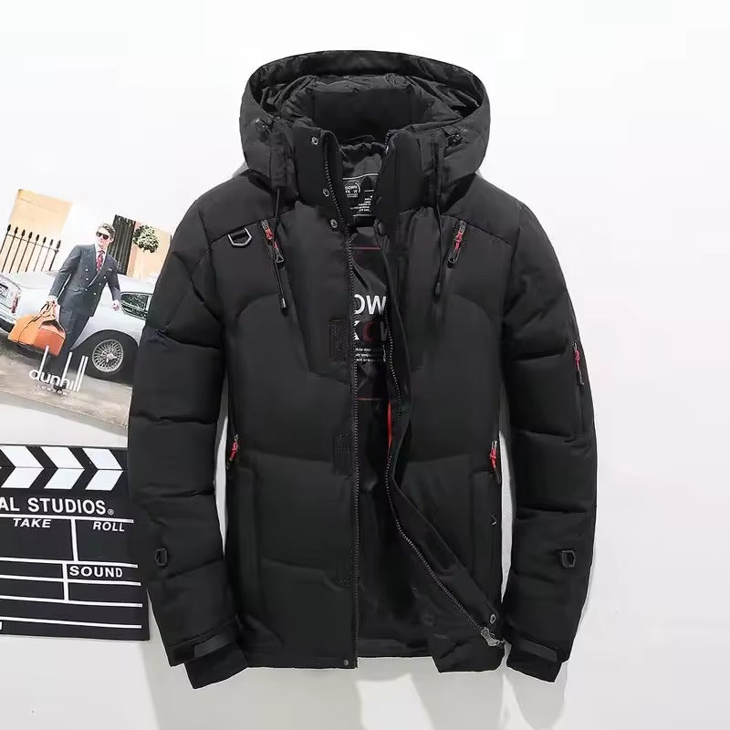 Black duck down parka with a water-resistant nylon shell, adjustable hood, and red-accented zip pockets.