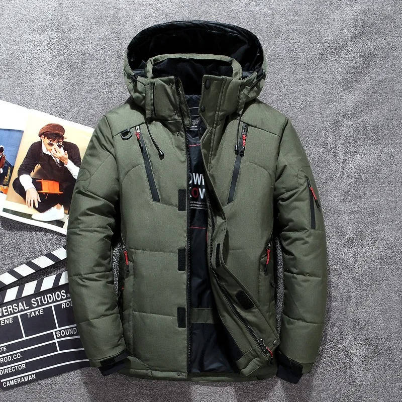 Olive green duck down parka with a water-resistant nylon shell, adjustable hood, and black neoprene storm cuffs.