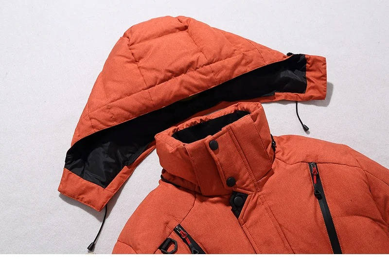 Burnt orange duck down parka featuring a stand-up collar, adjustable hood, and black water-resistant zipper details.