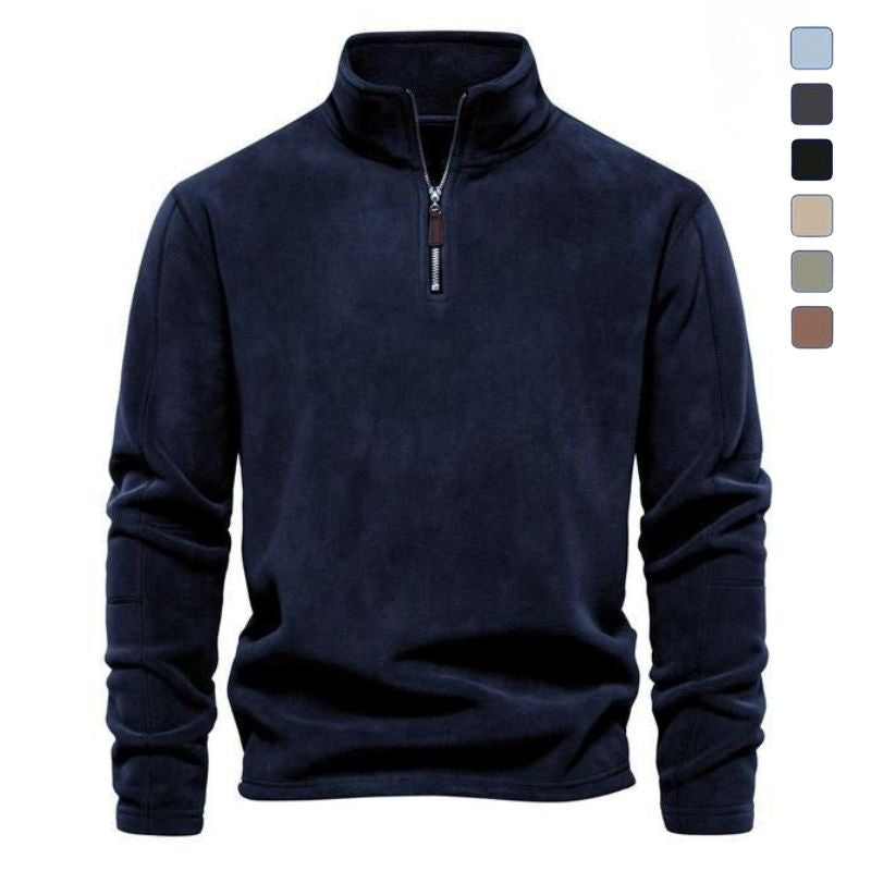 Navy quarter-zip fleece pullover featuring a stand collar, long sleeves, and a relaxed fit on a white background.