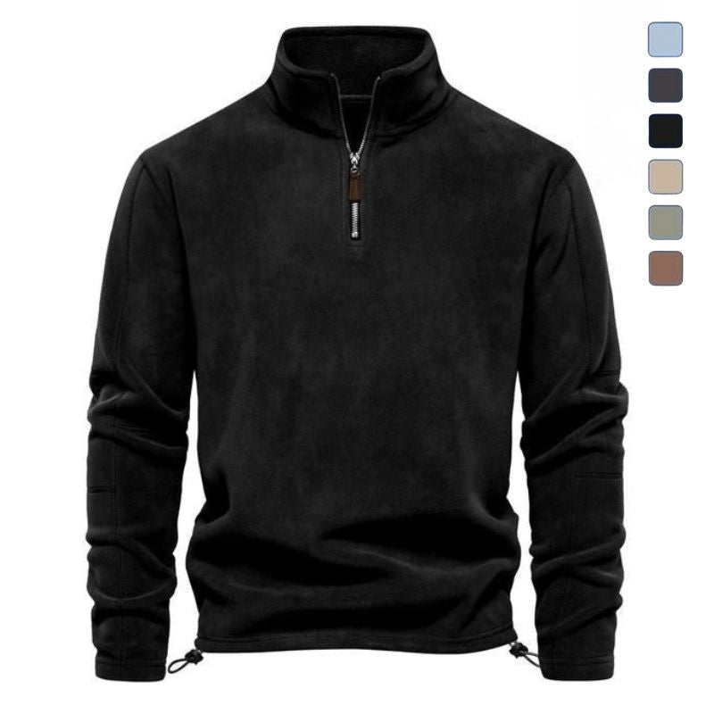 Black quarter-zip fleece pullover with a stand collar, long sleeves, and a relaxed fit displayed on a white background.