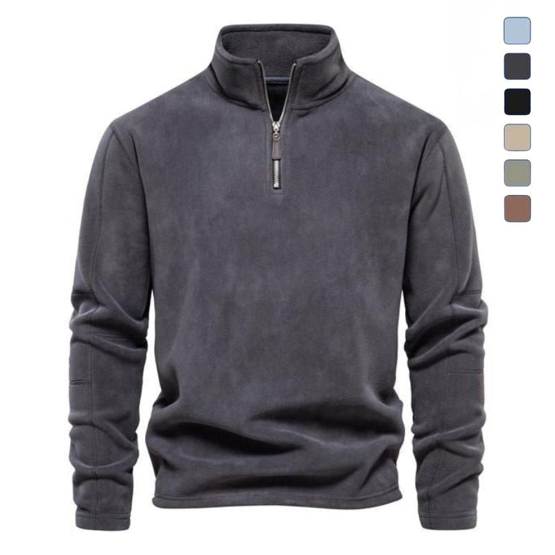 Charcoal quarter-zip fleece pullover with a stand collar, long sleeves, and a relaxed fit displayed on a white background.