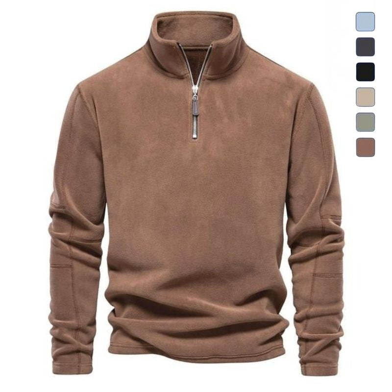 Brown quarter-zip fleece pullover featuring a stand collar, long sleeves, and a relaxed fit on a white background.