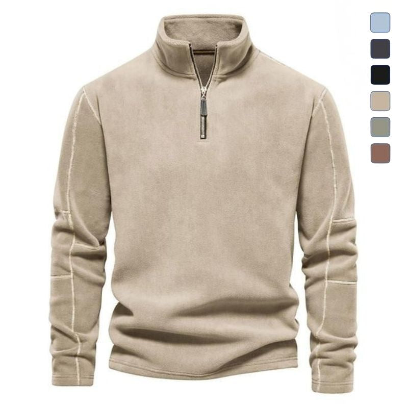 Beige quarter-zip fleece pullover with a stand collar, long sleeves, and a relaxed fit displayed on a white background.