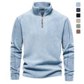 Light blue quarter-zip fleece pullover with a stand collar, long sleeves, and a relaxed fit displayed on a white background.