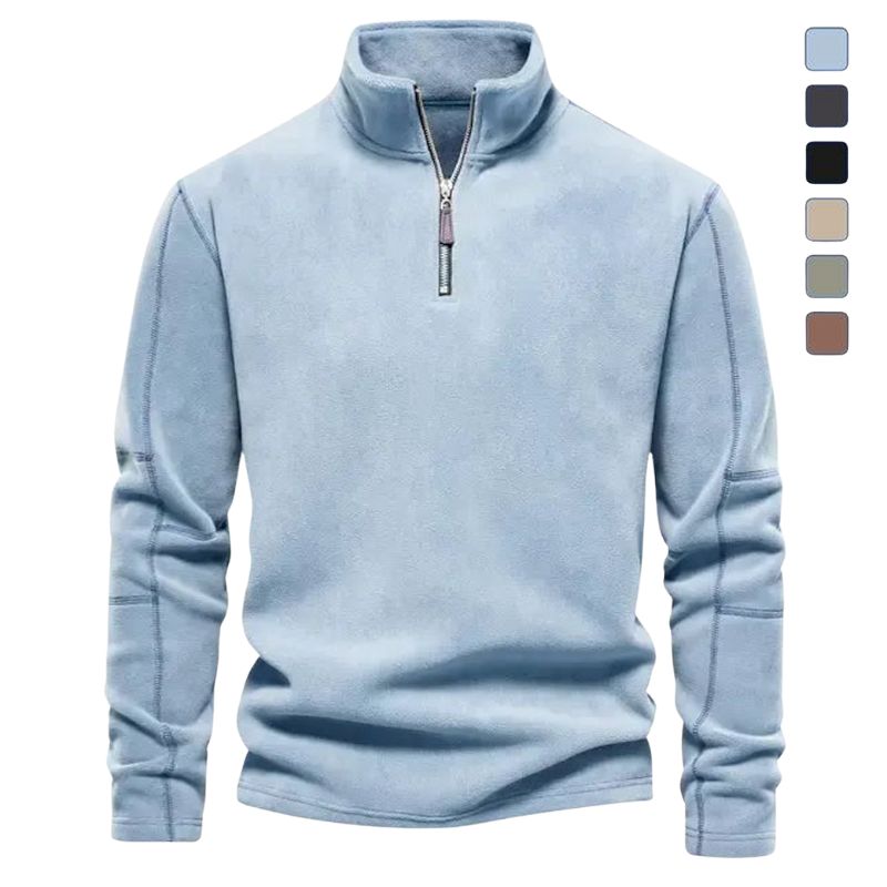 Light blue quarter-zip fleece pullover with a stand collar, long sleeves, and a relaxed fit displayed on a white background.