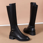 Eliana Leather Knee-High Boots – Buckle Strap Side-Zip Block Heel Footwear