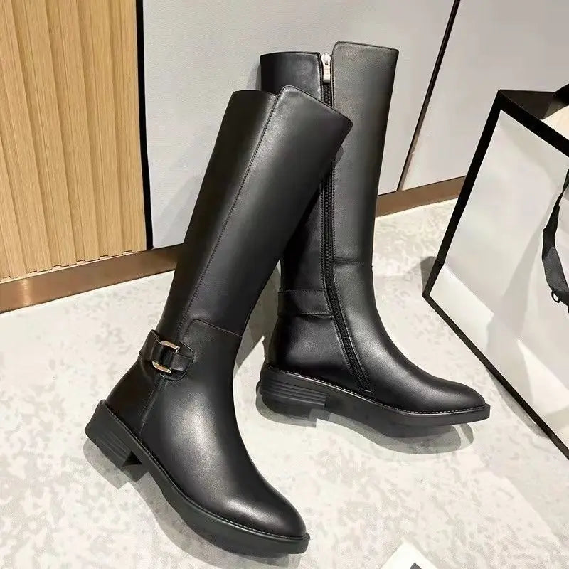 Eliana Leather Knee-High Boots – Buckle Strap Side-Zip Block Heel Footwear