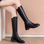 Eliana Leather Knee-High Boots – Buckle Strap Side-Zip Block Heel Footwear